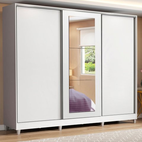 Guarda-Roupa Casal 100% MDF Madesa Eros 3 Portas de Correr com Espelho com Pés Branco Cor:Branco