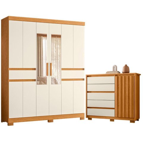 Guarda Roupa Casal Olimpia 10 Portas com Espelho e Cômoda Sapateira Duetto Cinamomo Off White - Mó