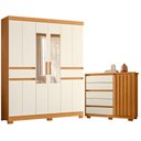 Ver imagem 1 de Guarda Roupa Casal Olimpia 10 Portas com Espelho e Cômoda Sapateira Duetto Cinamomo Off White - Mó