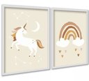 Ver imagem 1 de Kit 2 Quadros Infantis Unicórnio Arco-íris Bege 24x18cm:moldura Branca