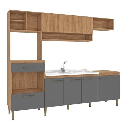Armário de Cozinha Completa Modulada com Armário e Balcão 5 Peças 240cm CC120 Cor Mel/Grafite -
