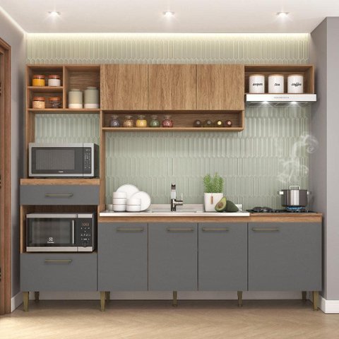 Cozinha Completa com Armário e Balcão 5 Peças 7 Portas 1 Gaveta 240cm CC120 Mel/Grafite - Fellicci