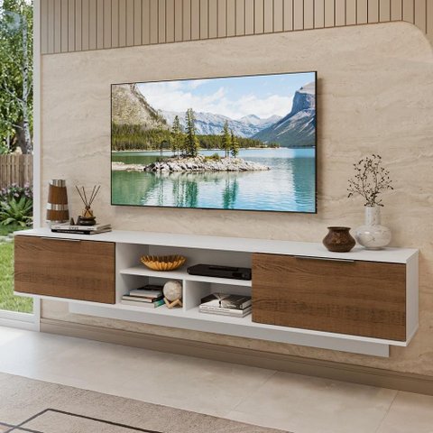 Rack Suspenso para TV até 80 Polegadas 218 cm 2 Portas Branco/Rustic Stella Madesa