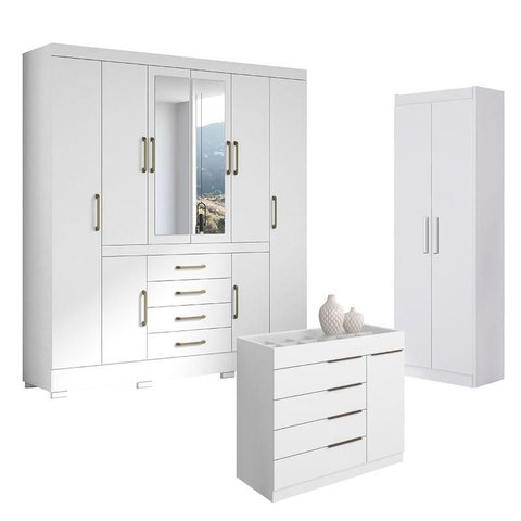 Guarda Roupa Casal Nápole 2045149 e Armário Multiuso 2000191 e Cômoda Sevilha Branco Brilho - Aramóv