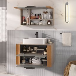 Conjunto Gabinete Banheiro Taos 80cm (armário + Cuba + Espelheira + Tampo Vidro) - 3