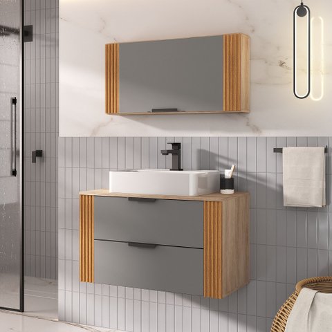 Conjunto Gabinete Banheiro Taos 80cm (armário + Cuba + Espelheira + Tampo Vidro)