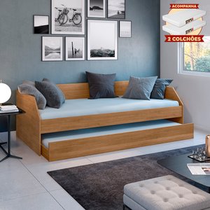 Sofá Cama Solteiro Duo com Cama Auxiliar em Mdf Reforçado 15mm Amendoa com 2 Colchões