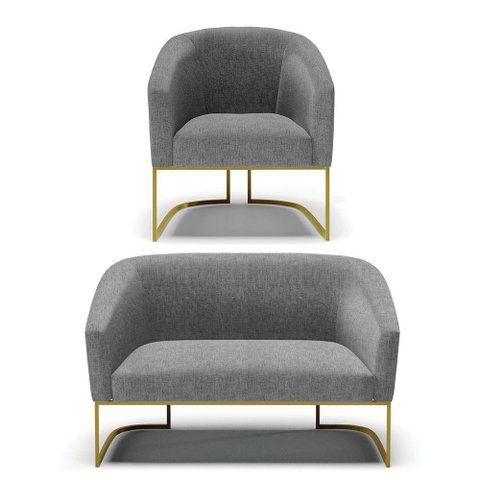 Sofá Namoradeira e Poltrona Base Industrial Dourado Stella D03 - D'Rossi Cor A79 Preto