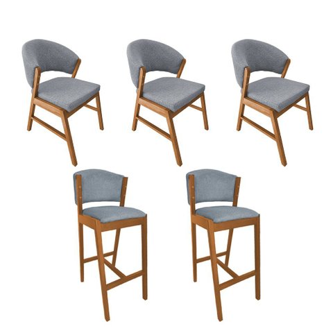 Kit 3 Cadeiras de Jantar Debora Madeira Maciça com 2 Banquetas Ana Cerejeira Premium Linho Cinza