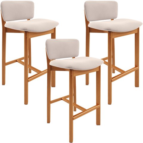 Kit 03 Banquetas Alta para Cozinha Sala de Jantar Bar Dara L02 Suede Bege - Lyam Decor