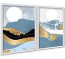 Ver imagem 2 de Kit 2 Quadros Decorativos Montanhas Azul com Dourado 24x18cm - com Vidro:moldura Branca