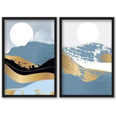 Kit 2 Quadros Decorativos Montanhas Azul com Dourado 24x18cm - com Vidro:moldura Branca