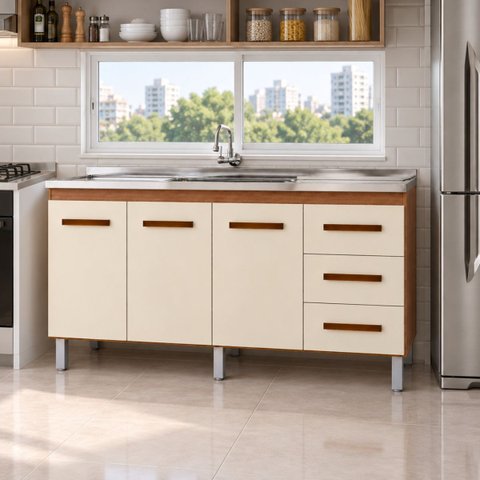 Balcão Gabinete Cozinha sem Pia Inox 3 Porta 3 Gavetas 150cm Cor:Off White