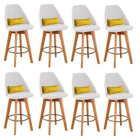 Kit 08 Banquetas Linho Bege e Almofada Suede Amarelo