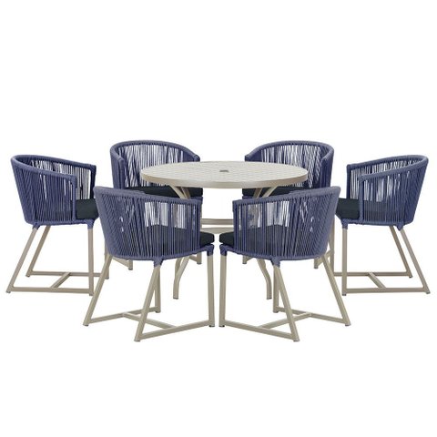 Mesa com 6 Cadeiras de Jantar Roma 120cm e Noronha em Alumínio Fendi Corda Náutica Estofado 12 Trama