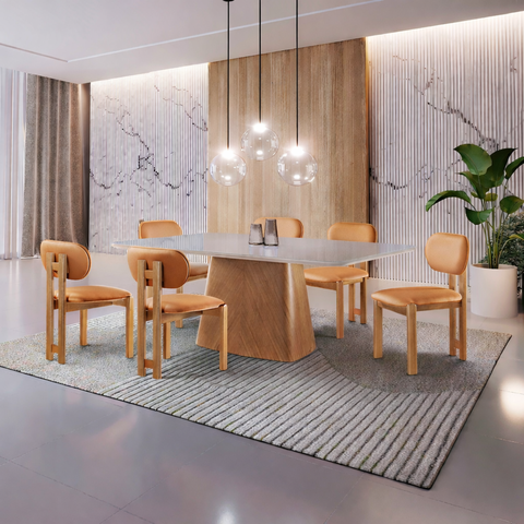 Conjunto Sala de Jantar 6 Lugares Lotus Mesa e Cadeiras Madeira Maciça e Tecido Courissimo Caramelo