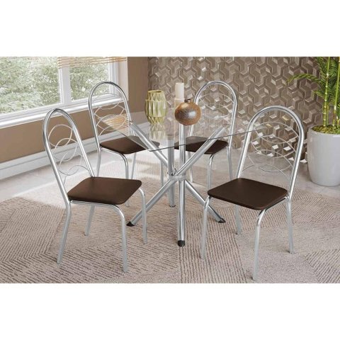 Kit 4 Cadeiras Sala Jantar Volga C/ Tampo de Vidro 90cm e 4 Cadeiras Holanda Cromada - Courano