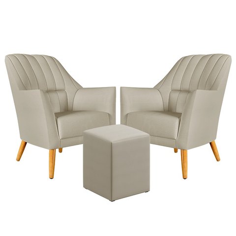 Kit 2 Poltronas Orion Bordada com Puff Izar Courino Bege Aradecor