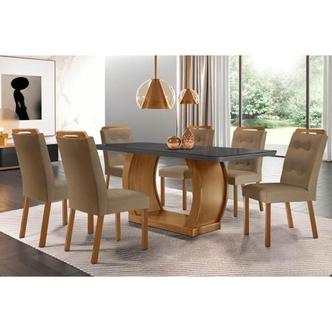 Conjunto: Mesa de Cozinha Jade Tampo Madeirado C/ Vidro Canto Curvo 180x90 e 6 Cadeiras Imperatriz