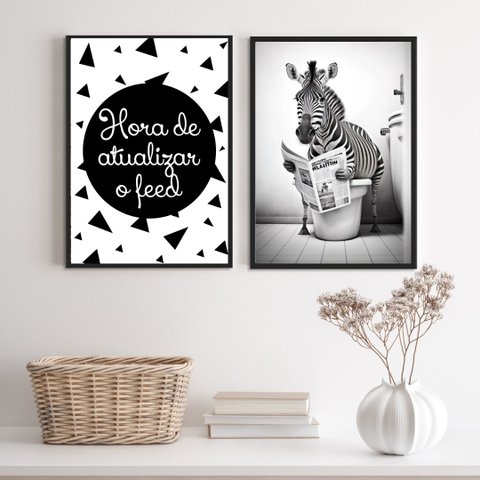 Kit 2 Quadros Engraçados Banheiro - Zebra 24x18cm - com Vidro:madeira Branca