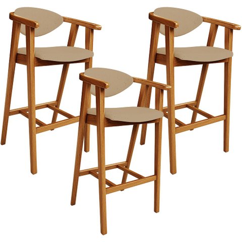 Kit 03 Banquetas Alta Para Cozinha Sala de Jantar Fixa Cecília L02 Linho Bege Escuro - Lyam Decor
