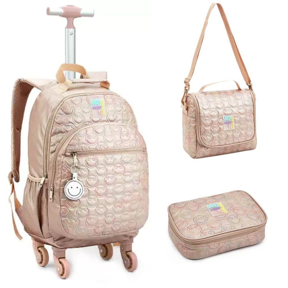 Kit Mochila de Rodinhas + Lancheira + Estojo Box Just Keep On Smiling Denlex Rose - 1