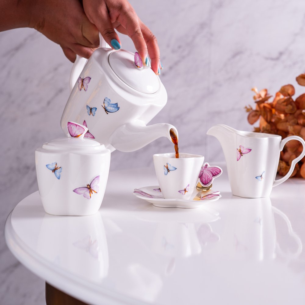 Cj Para Café/Chá de Porcelana Branca Borboletas 3 Peças Wolff - 6