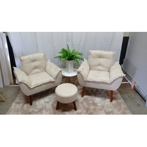 Kit 02 Poltrona Decorativa Opala + Puff Redondo  Suede Begge-PANDORA DECOR