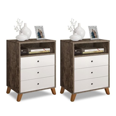 Kit 2 Criados de Cabeceira Retro Pes Palito 3 Gavetas e 1 Nicho Castani com Branco