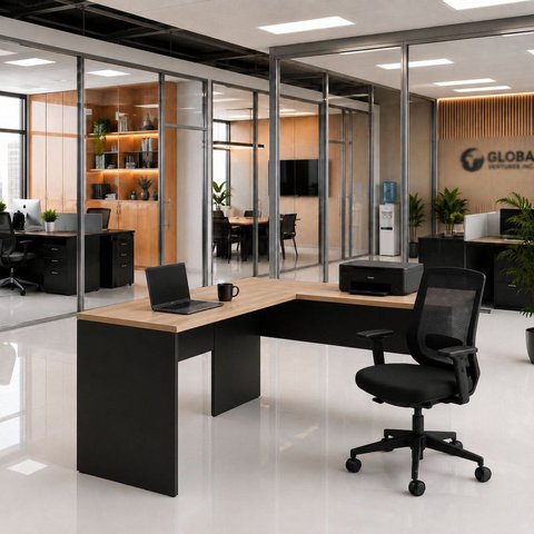 Mesa de Escritório em L 120x60cm + Cadeira Ergonômica Reclinável com Apoio Lombar,Pistão Classe 4