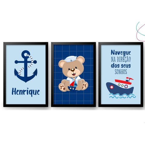 Kit 3 Quadros Decorativos Infantil Ursinho Marinheiro:preta