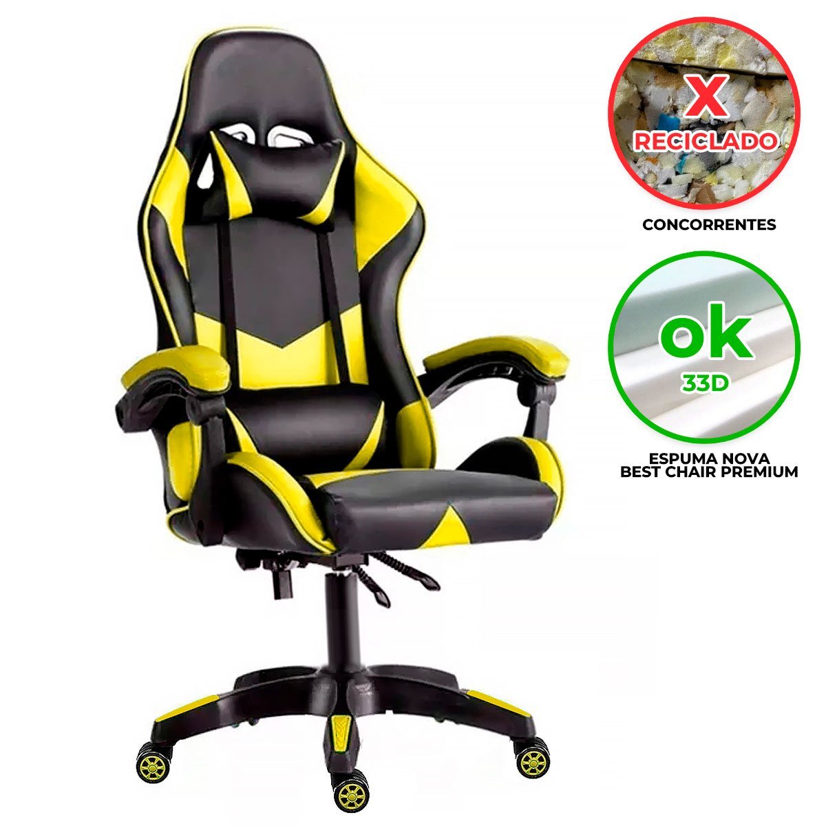 Cadeira Gamer Ergonômica Top para Escritório Amarelo - 2