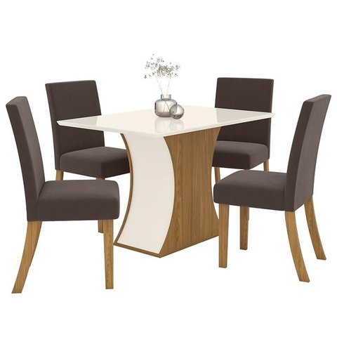 Mesa de Jantar Selena Tampo com Vidro 120x80 Nature/off White e 4 Cadeiras Facina Nature/marrom Expe