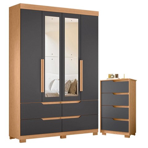 Guarda Roupa Solteiro Doble 04 Portas com Espelho e Cômoda Sole Flex Freijo Titanium - Móveis Albatr