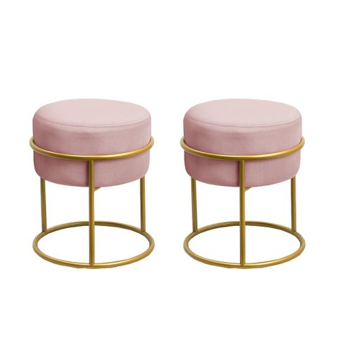 Kit 2 Puff Redondo Decorativo Estofado em Veludo Base Metálica Dourada Cor Rosé