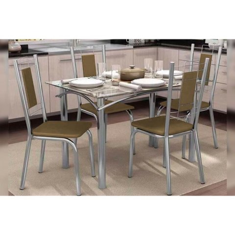 Conjunto: Mesa Sala Jantar Elba Aço C/ Tampo de Vidro 120x80cm e 4 Cadeiras Florença Cromada -