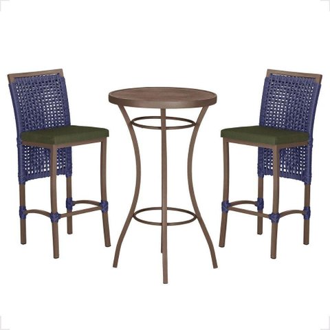 Mesa Bistro e 2 Banquetas Roma Marrom Corda Náutica 13 Azul