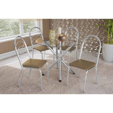 Sala de Jantar Completa Volga C/ Tampo de Vidro 95cm e 4 Cadeiras Holanda Cromada - Courano