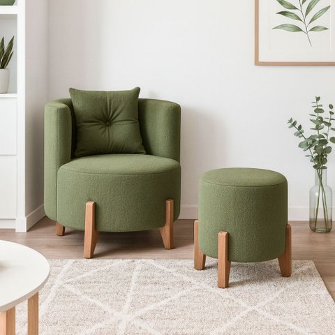 Kit Poltrona e Puff Luna Decorativa Curvo Orgânico Boucle Verde - Montanaris Decor