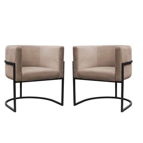 Kit 2 Poltronas Reforçadas Decorativa Sala Carla Base Ferro Preta Suede Capuccino