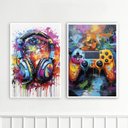 Ver imagem 1 de Kit 2 Quadros Controle Vídeo-game e Fone de Ouvido 45x34cm:moldura Branca