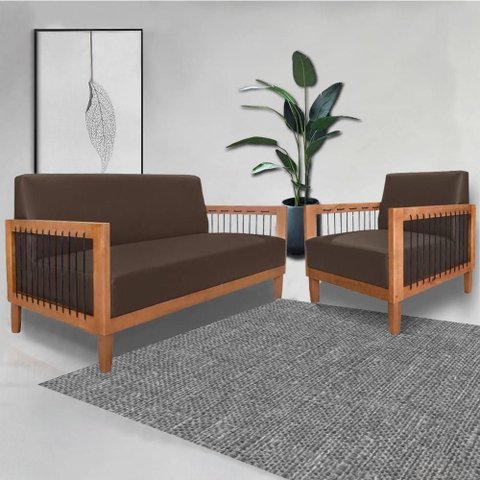 Conjunto de Sofá G63 Namoradeira e Poltrona 160cm Marrom Gran Belo