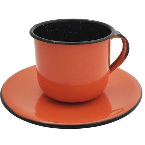 Caneca Esmaltada Xícara Com Pires Para Chá Café 150ml Laranja