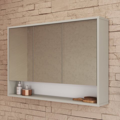 Armário Espelheira de Banheiro 90cm com 3 Portas e 1 Nicho Bari Bege/Arenas