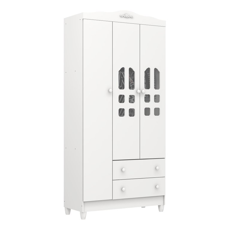 Guarda Roupa Infantil Provençal 3 Portas com Gavetas Lisa Branco Brilho Carolina Baby