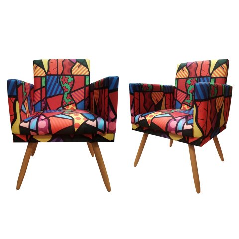 Kit 2 Poltronas Decorativa Bia Suede Romero Brito Pés Madeira Ms Decor