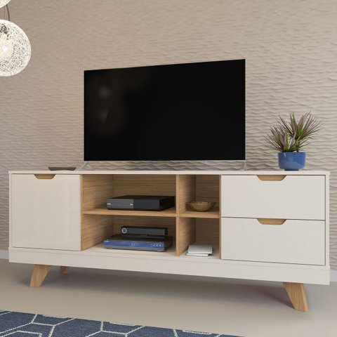 Rack Michigan Off White/carvalho para Tv até 60 Polegadas 04 Portas 02 Gavetas e Pés de Madeira - Ar