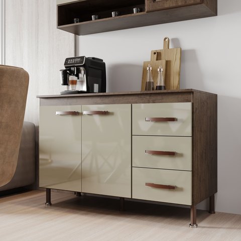 Balcão Modulado para Cozinha com Tampo Fidelitá Lisboa 120cm 2 Portas 3 Gavetas Noce/Off-White