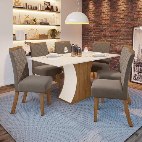 Conjunto Sala de Jantar Tampo MDF Canto Reto 160 Cm 06 Cadeiras Arian Casa 812