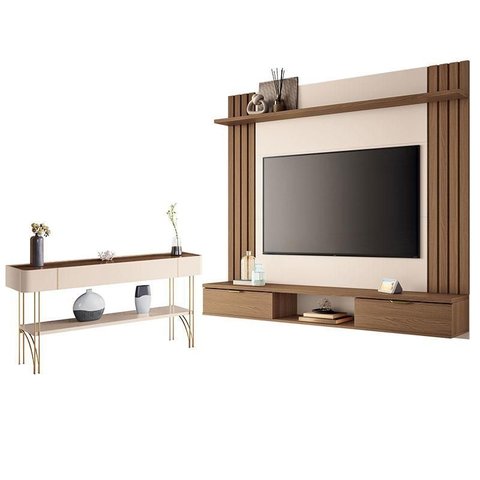 Painel para Tv Suspenso Solus e Aparador Vivant Castanho Off White – Hb Móveis